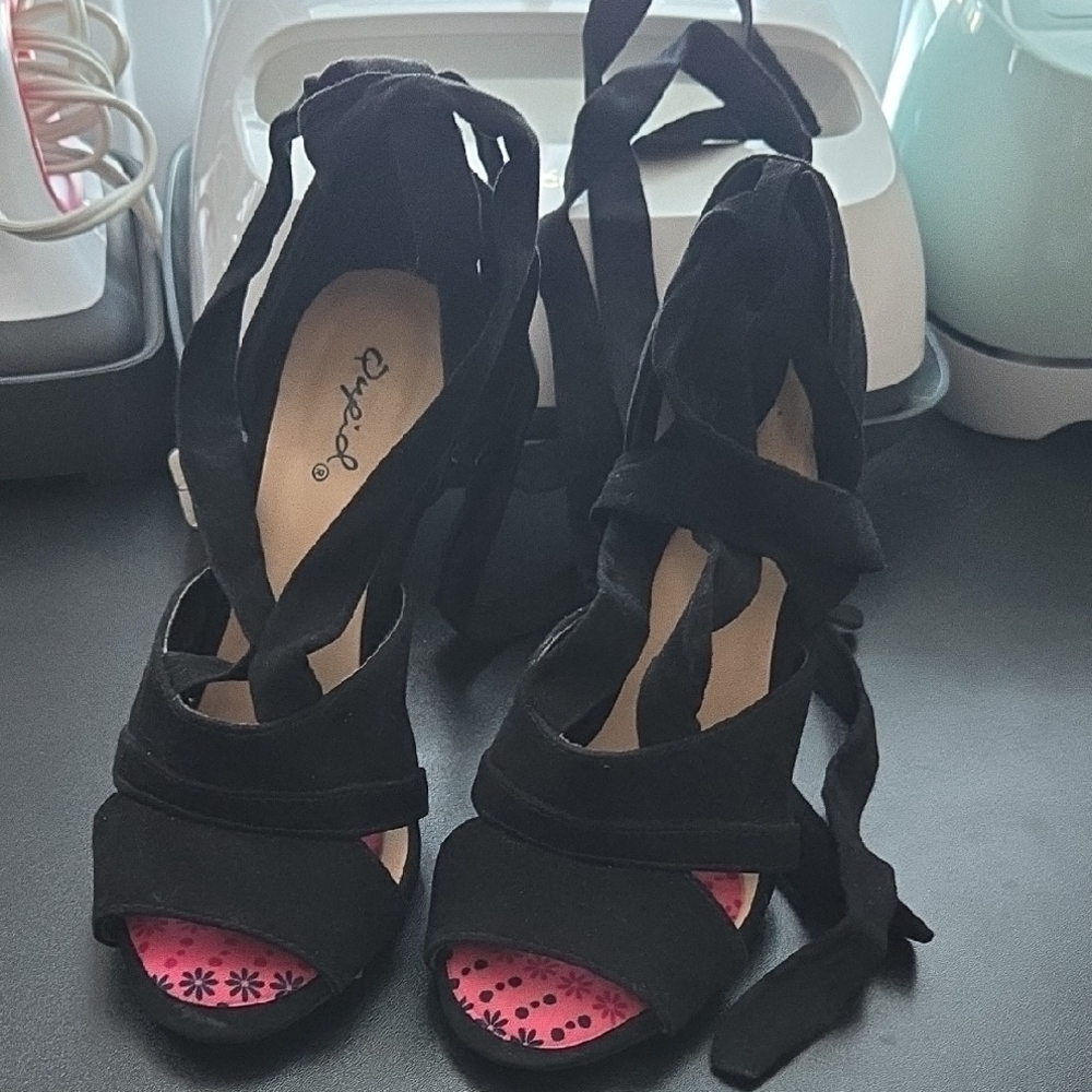 Qupid Black Heels with Pink Floral Accents